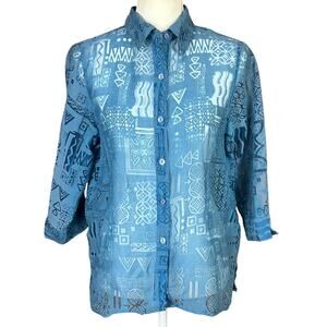 Alfred Dunner Button Up Shirt Petite Size 10P Blue Sheer Geometric Southwestern